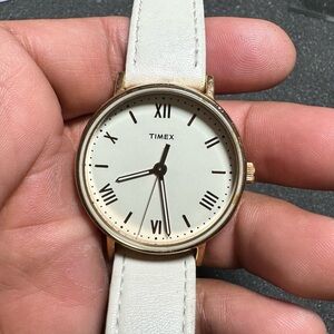 Timex Ladies Watch Gold Tone Roman Numeral White Dial White Band Working